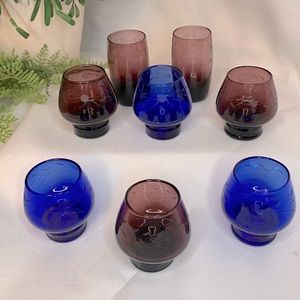 Beautiful set of 8 cobalt blue and plum cut crystal liquor /cordial shot glasses